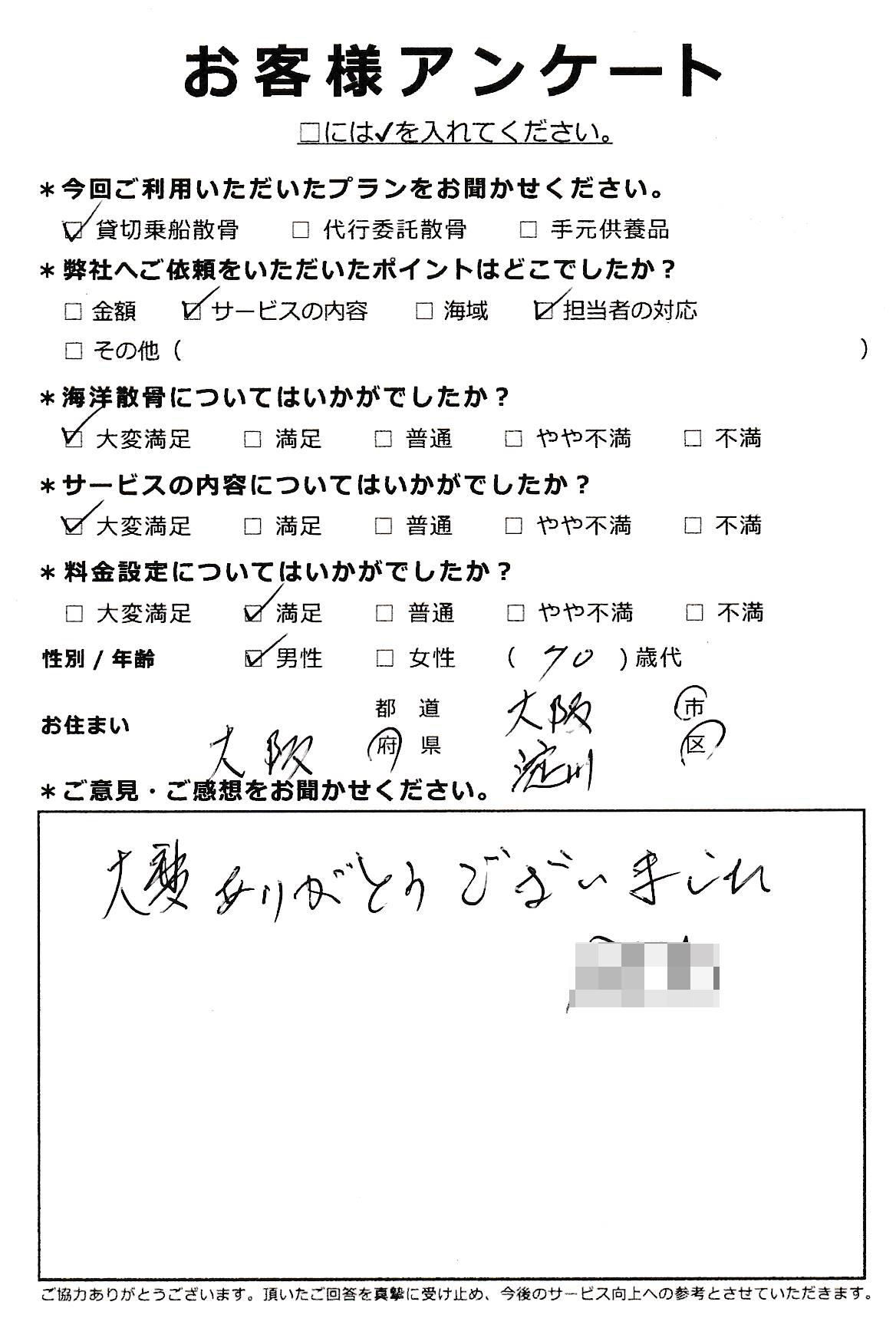 大変ありがとうございました（大阪市淀川区70代男性）